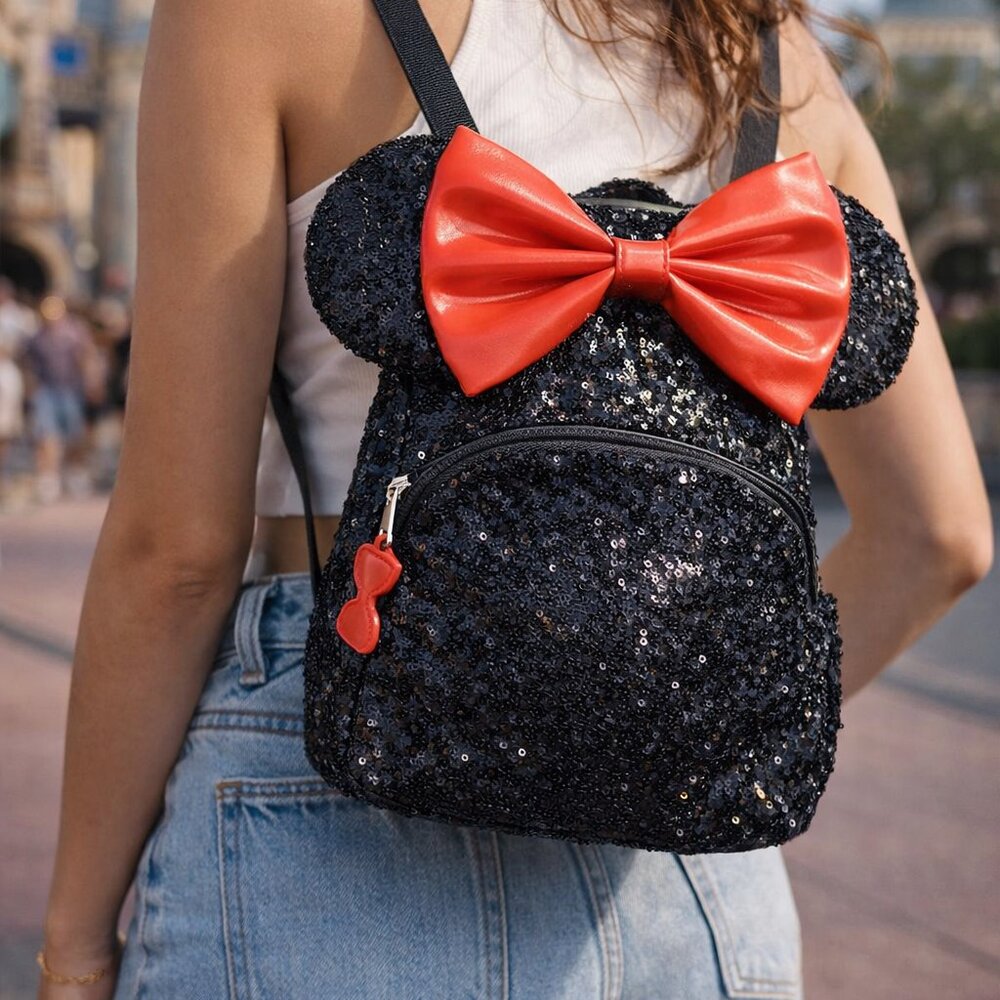 Disney Minnie Mouse Black Sequin Mini Backpack Red Bow Cute Park Bag